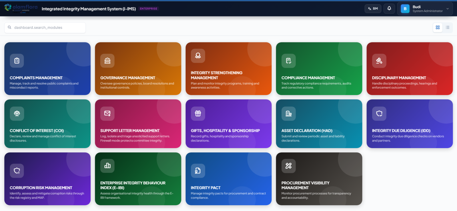 i-IMS module launcher dashboard showing Complaints, Governance, Integrity Strengthening, Compliance, Disciplinary, COI, Gifts & Hospitality, Asset Declaration, Integrity Due Diligence, Corruption Risk, E-IBI, Integrity Pact, and Procurement Visibility modules